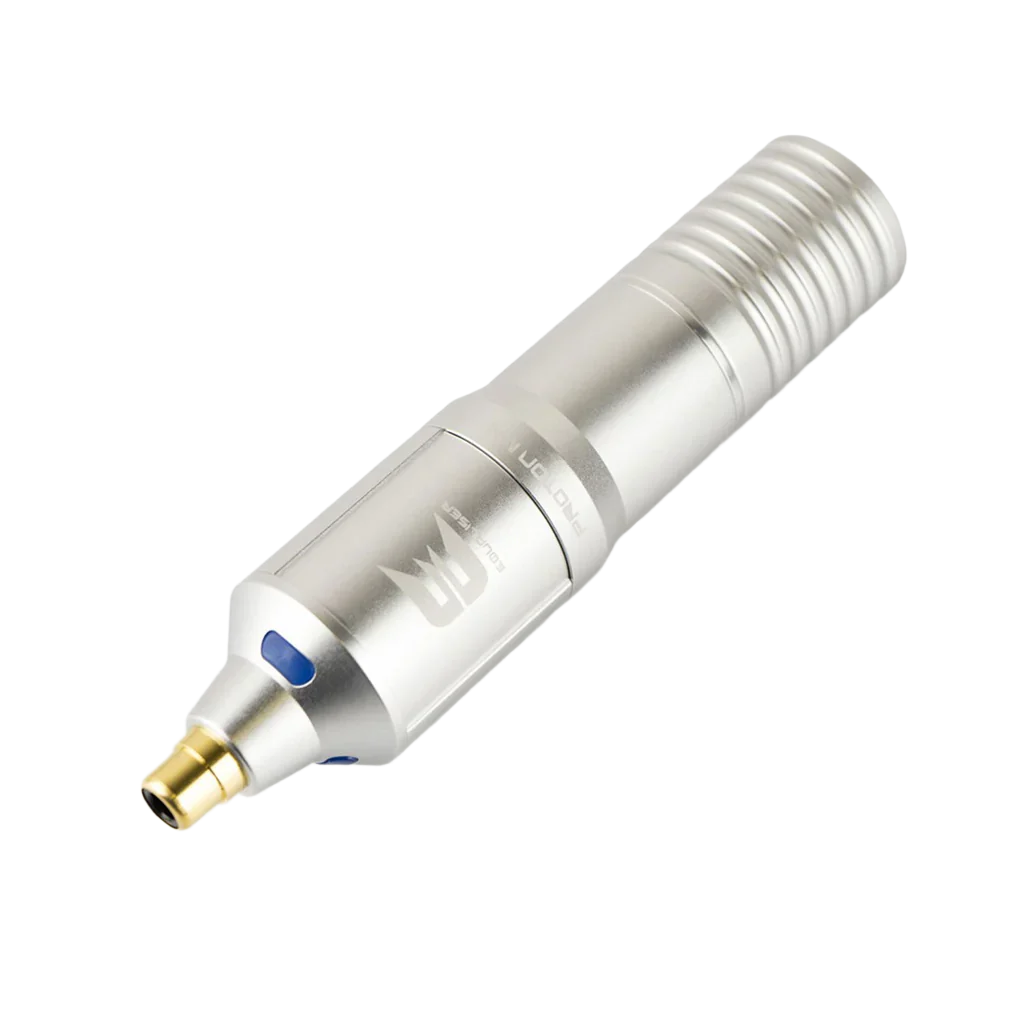 Metallic tattoo machine pen on a white background