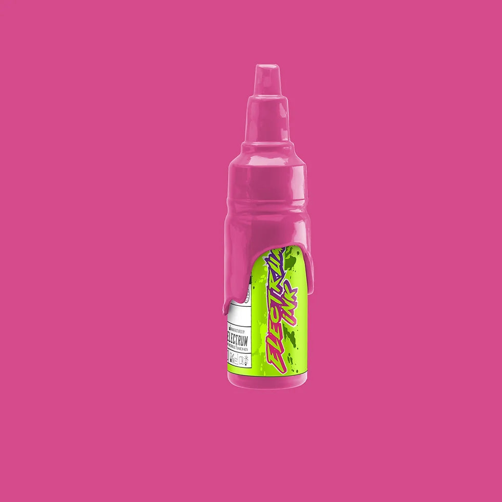 A bottle of Electrum Tattoo Ink in Kirby perfect medium fuchsia color, against a pink background.