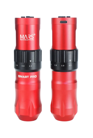 A collection of MARS Smart Pro Wireless Tattoo Machines with different color accents, showcasing the machines from various angles and with cables.