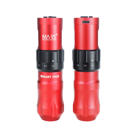 A collection of MARS Smart Pro Wireless Tattoo Machines with different color accents, showcasing the machines from various angles and with cables.