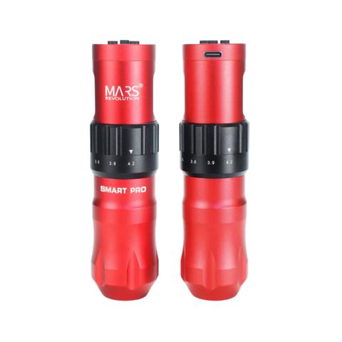 A collection of MARS Smart Pro Wireless Tattoo Machines with different color accents, showcasing the machines from various angles and with cables.