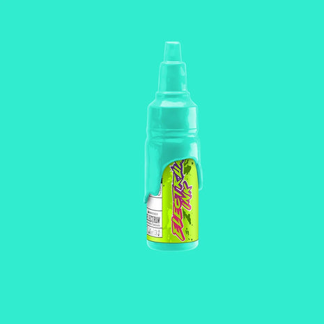 A bottle of Electrum Tattoo Ink in Mermaid color, which is bright teal, against a teal background.