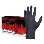 Black nitrile examination glove next to a box labeled 'Night Angel' on a white background