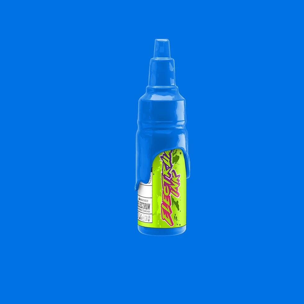 A bottle of Electrum Tattoo Ink in Nairobi Blue color against a blue background.
