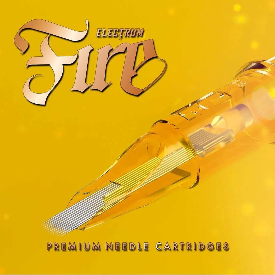 Packaging for Electrum Fire Tattoo Needle Cartridges with a close-up image of a needle cartridge 