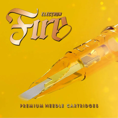 Packaging of Electrum Fire premium tattoo needle cartridges with a close-up image of a single needle cartridge 