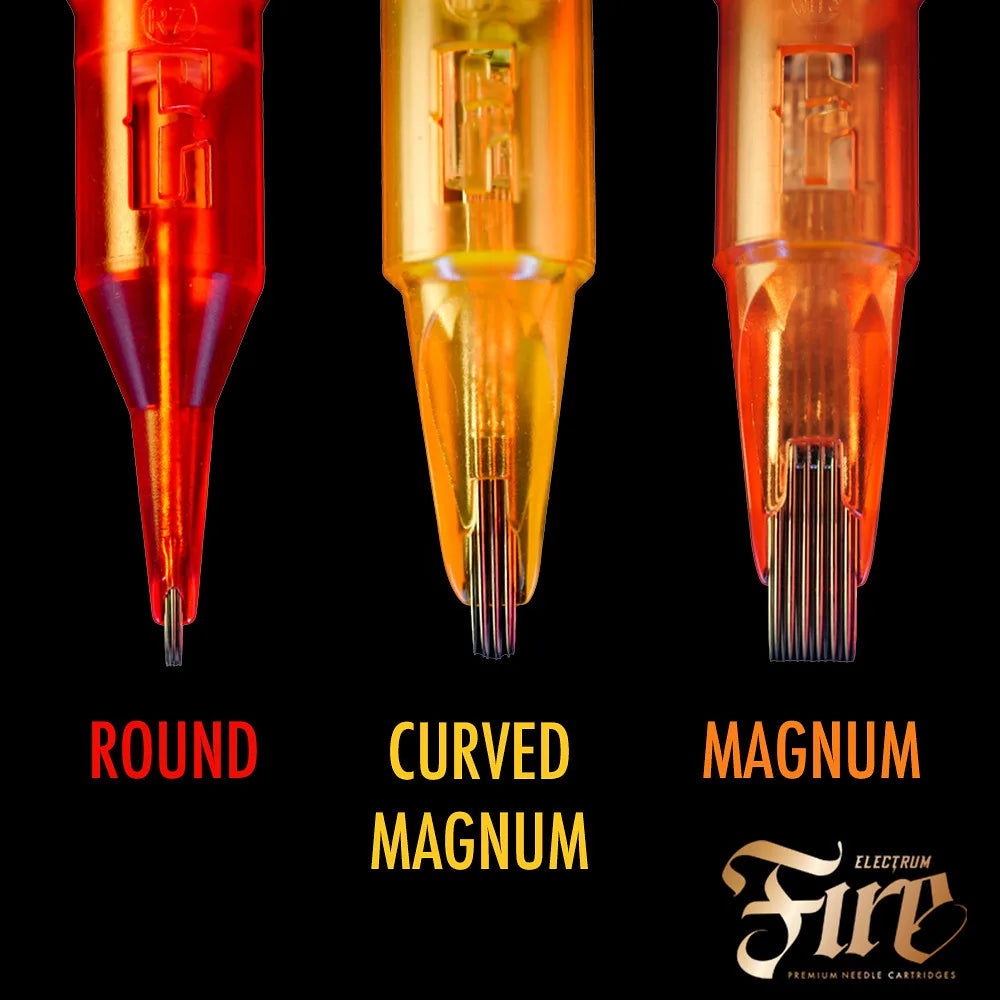 Picture of Round, Curved Magnum,  and Magnum Fire cartridges
  