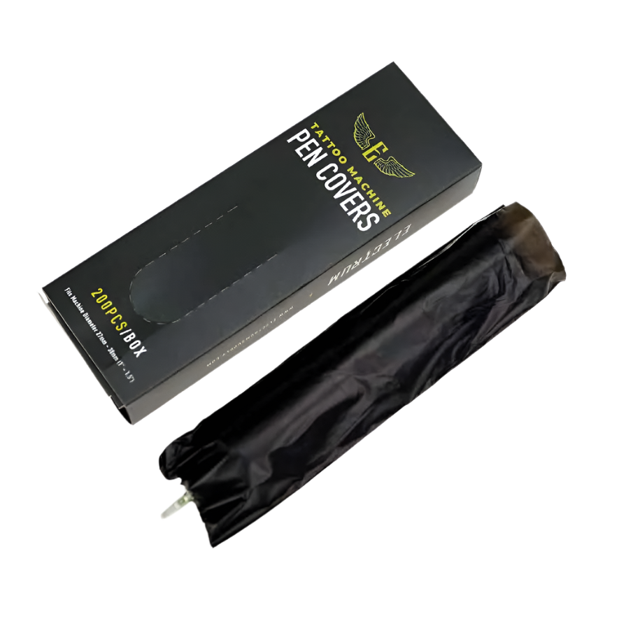 A box and a biodegradable pen machine cover, both are black in color with the cover displaying a white tip and the box having the brand 'Electrum' on it.