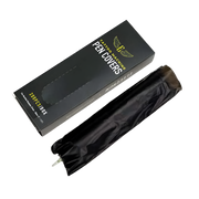 A box and a biodegradable pen machine cover, both are black in color with the cover displaying a white tip and the box having the brand 'Electrum' on it.