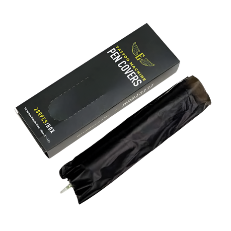 A box and a biodegradable pen machine cover, both are black in color with the cover displaying a white tip and the box having the brand 'Electrum' on it.