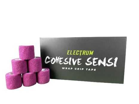 Multiple rolls of pink cohesive grip tape with the product name 'Electrum Cohesive Sensi Wrap Grip Tape' displayed on the packaging.