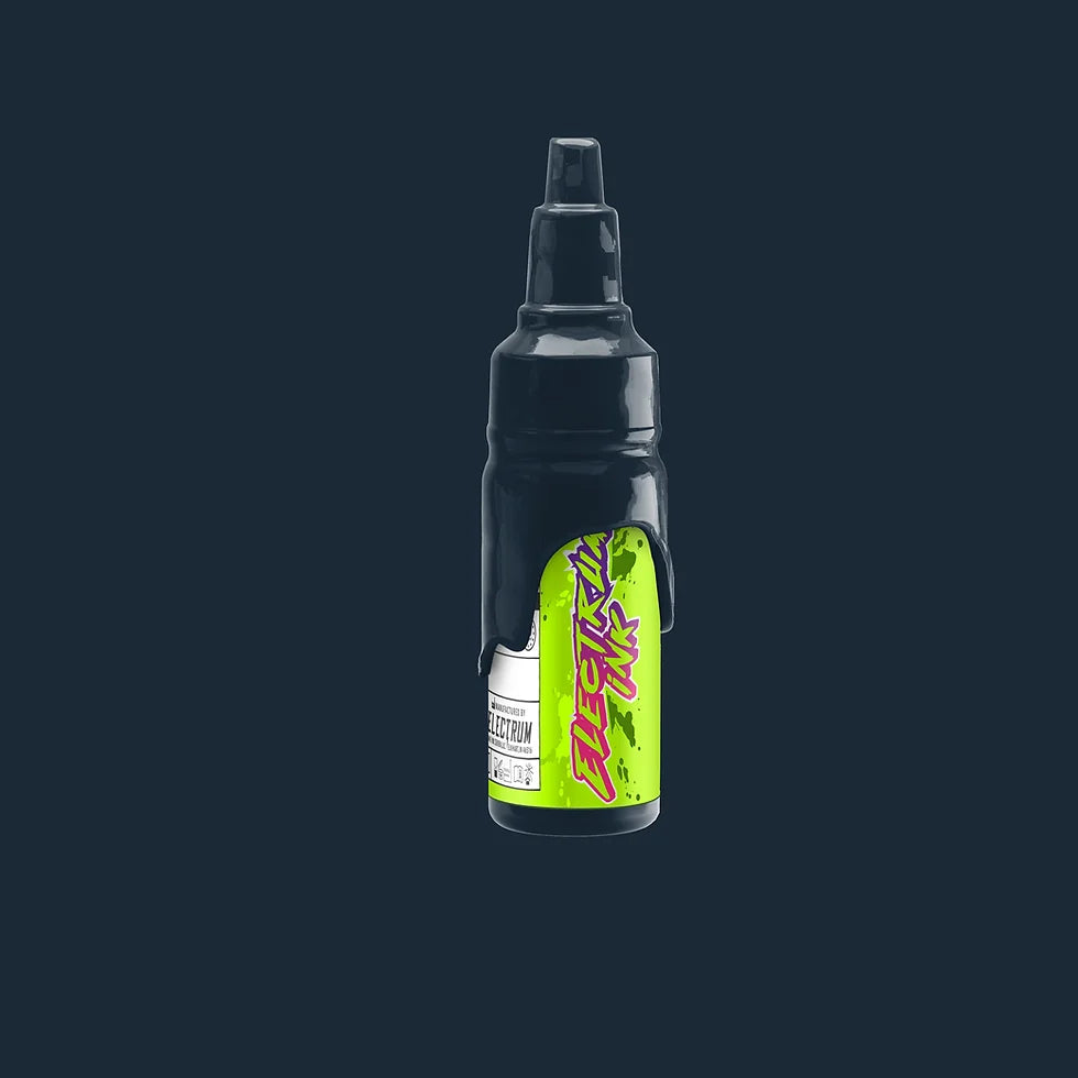 A bottle of Electrum Ink - Phantom tattoo ink its a deep blue grey 