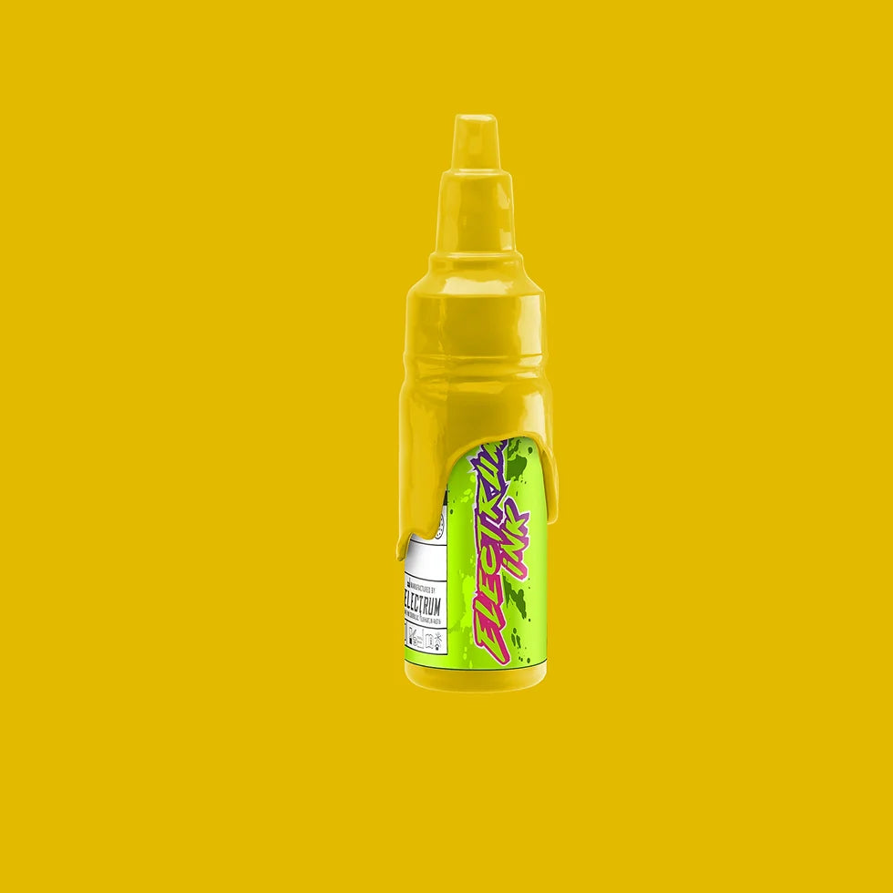 A yellow bottle of Electrum Tattoo Ink with a label that includes the text 'Pineapple Express'.