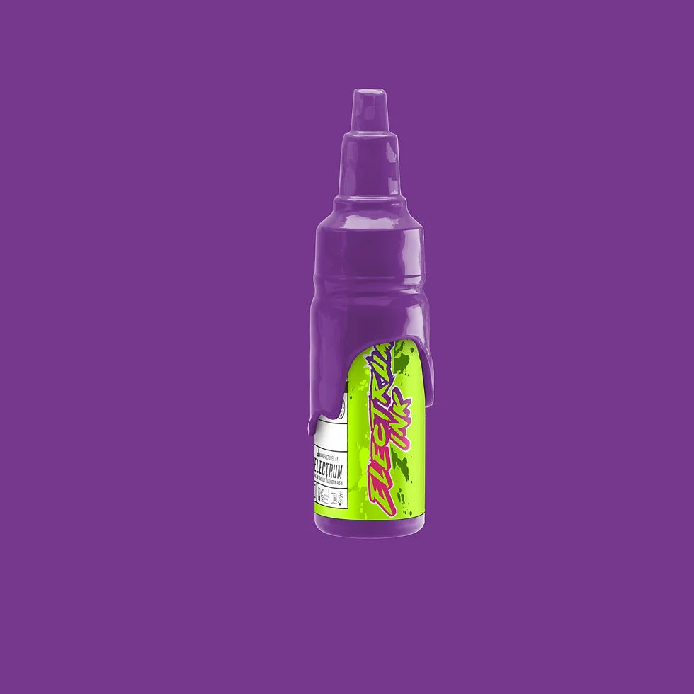 A bottle of Electrum Tattoo Ink in Proton Purple color against a purple background.