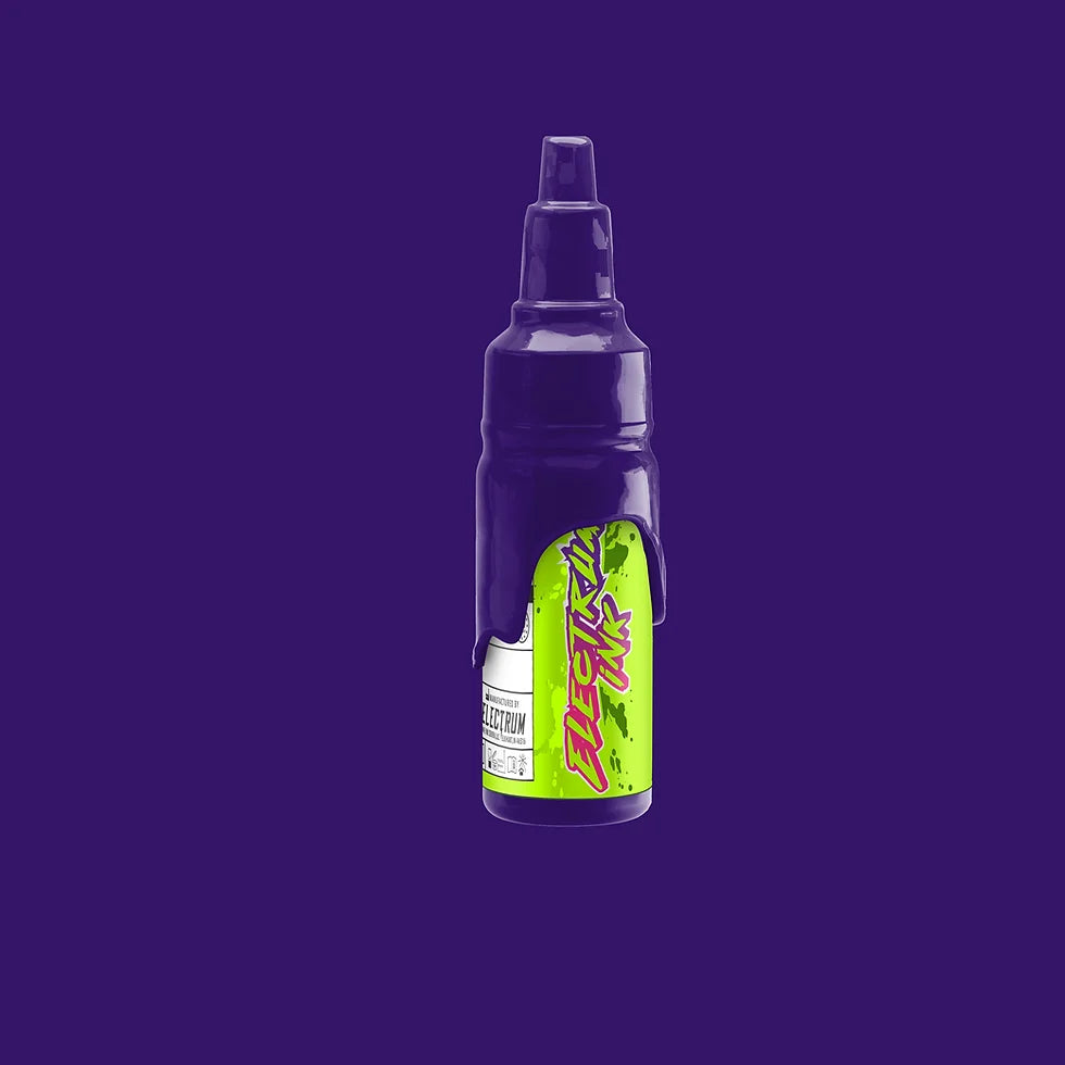 A bottle of Electrum Tattoo Ink in Purple Urkle color against a purple background.
