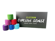 A collection of Electrum cohesive sensi wrap grip tape in various colors including red, blue, pink, purple, green, and black, presented with branding in the background.
