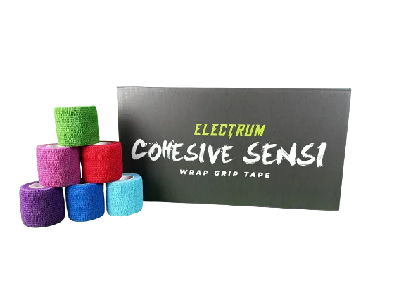A collection of Electrum cohesive sensi wrap grip tape in various colors including red, blue, pink, purple, green, and black, presented with branding in the background.