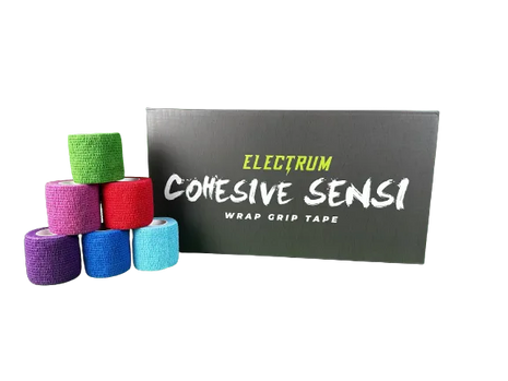 A collection of Electrum cohesive sensi wrap grip tape in various colors including red, blue, pink, purple, green, and black, presented with branding in the background.