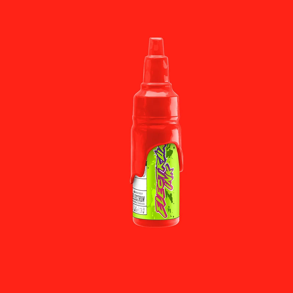 A bottle of Electrum Ink in the color Rage Red, on a red background.