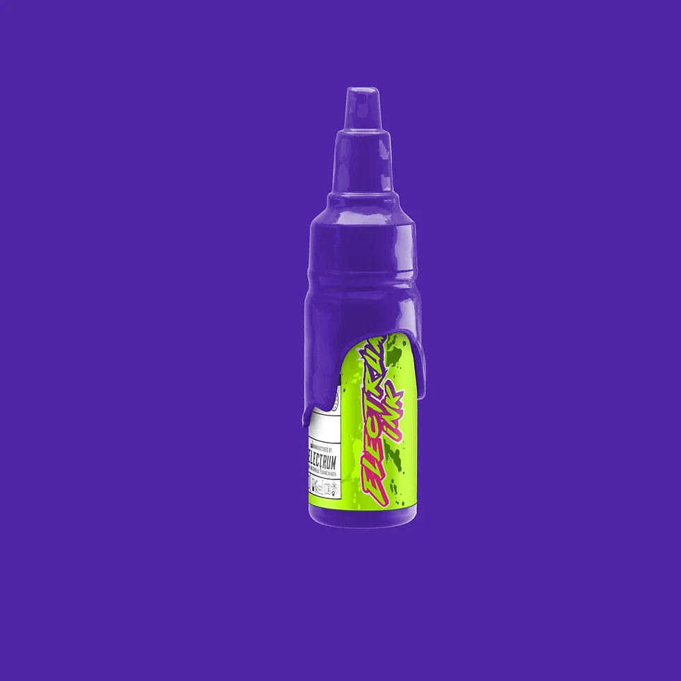 A bottle of Electrum Tattoo Ink in Razzleberry color, which is purple with a hint of blue, against a purple background.