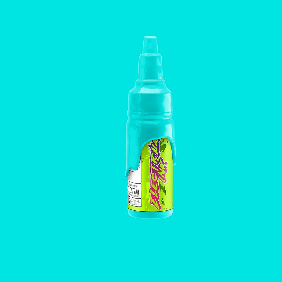 A bottle of Electrum Tattoo Ink in a vibrant teal color, with a label that includes the product name and the phrase 'Salty Tears'.