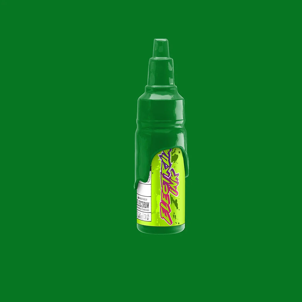 A bottle of Electrum Tattoo Ink in Sea Sick green color against a green background.
