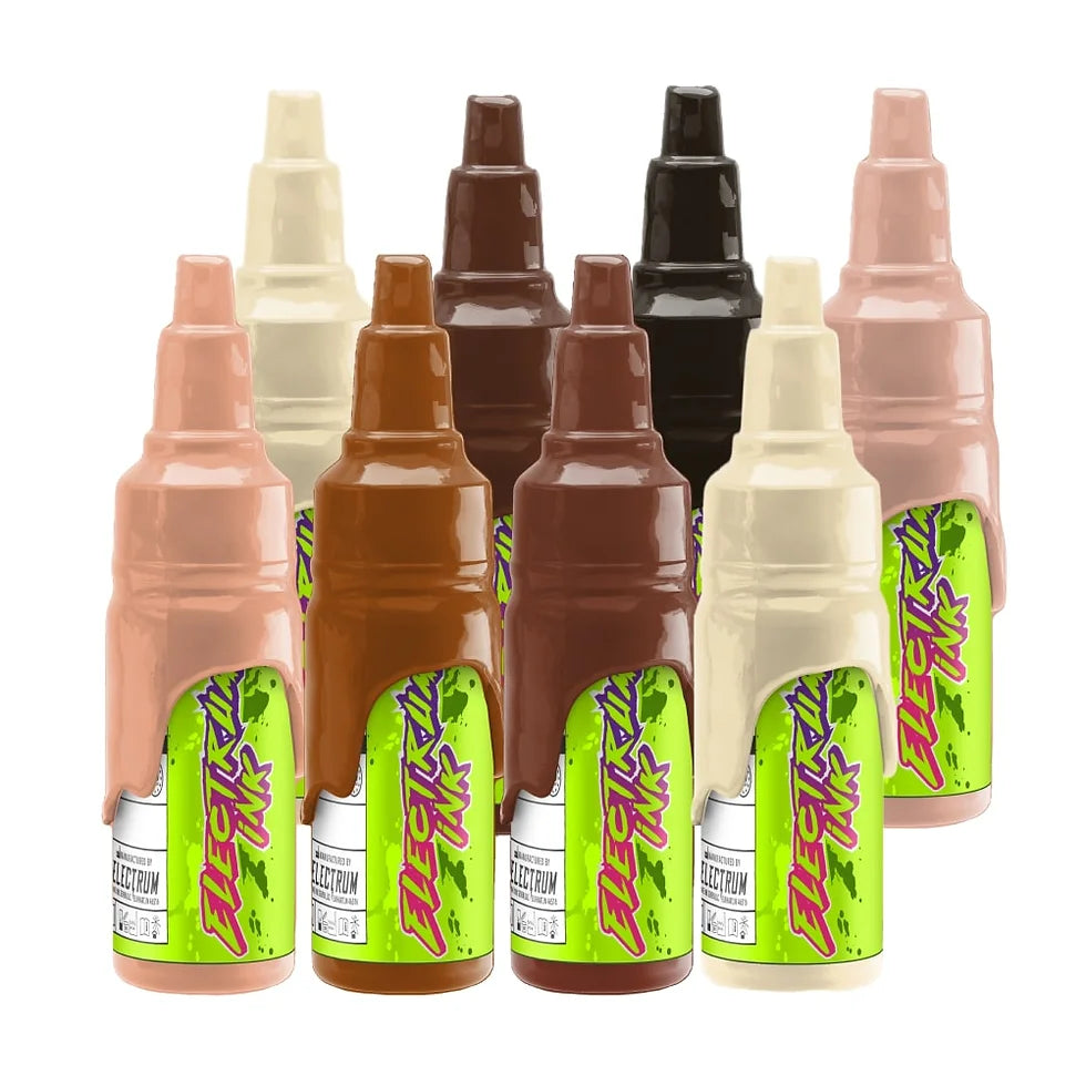 A set of Electrum tattoo inks in various skin tone colors, including shades of light, medium, and dark brown, as well as beige and black.