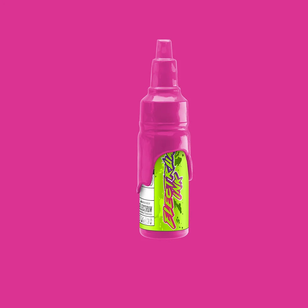 A bottle of Electrum Tattoo Ink in Summer Pink color against a pink background.