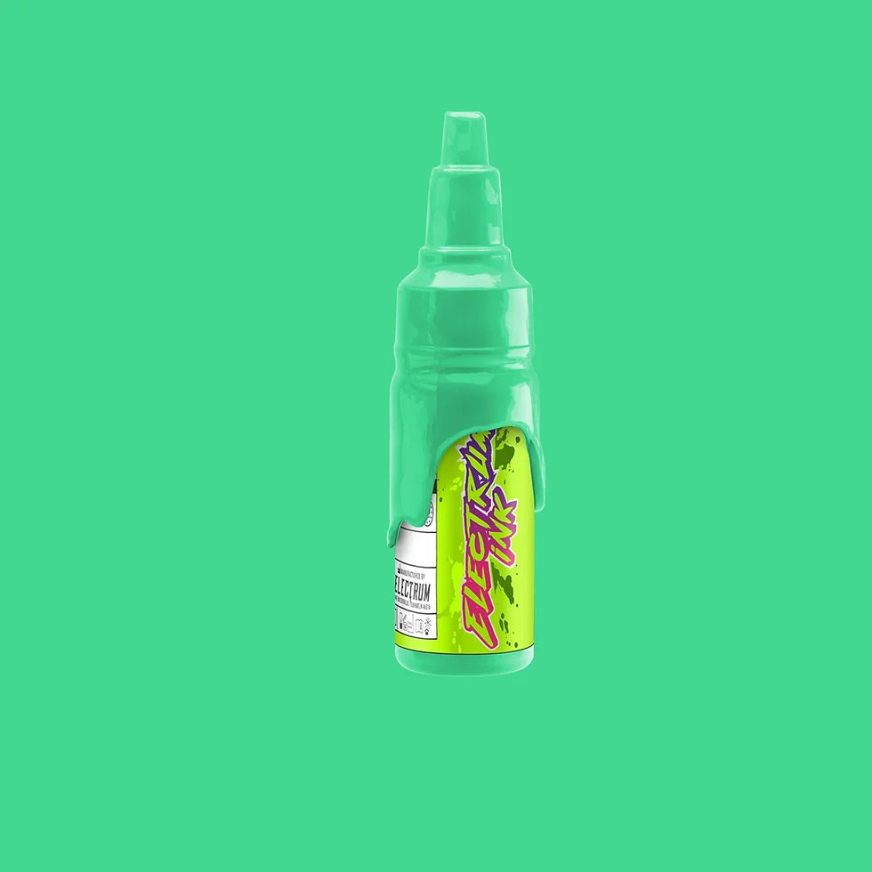 A bottle of Electrum Tattoo Ink in Sweet Mint color, displaying a cool tone of green that leans blue, against a green background.