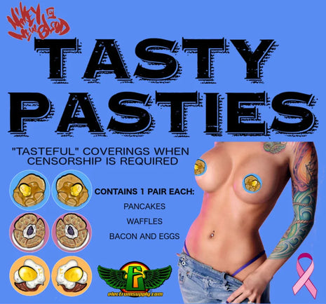 package of Tasty pasties - nipple covers - on blue background containing 1 pair of each - pancakes, waffles, bacon and egg - for times when censorship is required