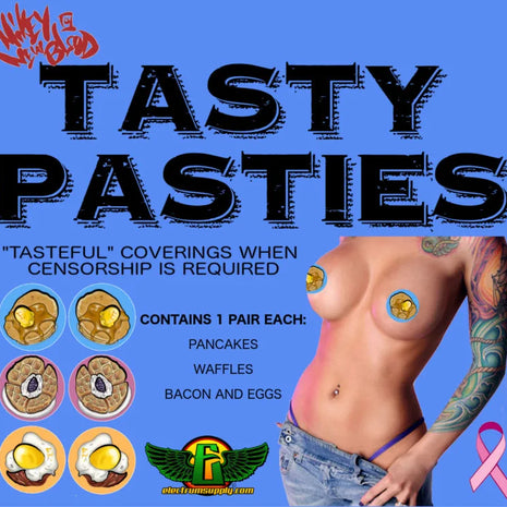package of Tasty pasties - nipple covers - on blue background containing 1 pair of each - pancakes, waffles, bacon and egg - for times when censorship is required
