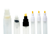 A collection of Electrum refillable stencil lettering markers with various replacement tips, including flat, chisel, and bullet, displayed on a white background.