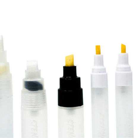 A collection of Electrum refillable stencil lettering markers with various replacement tips, including flat, chisel, and bullet, displayed on a white background.