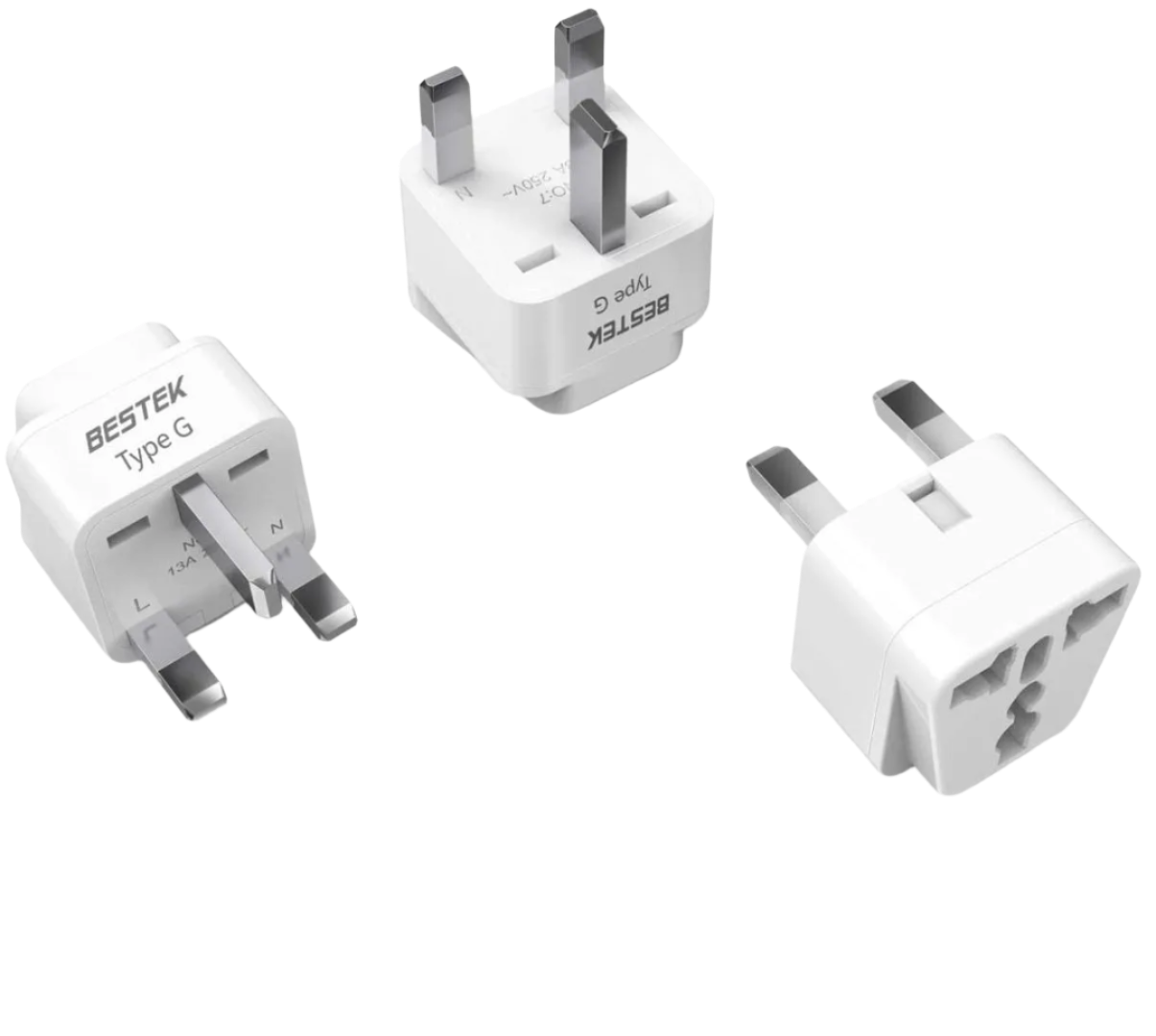 Three white travel adapters with 'BESTEK' branding on a white background