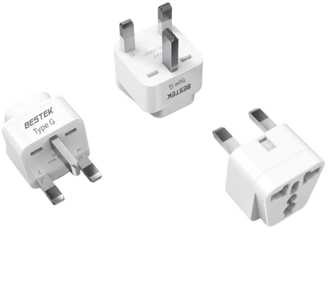 Three white travel adapters with 'BESTEK' branding on a white background