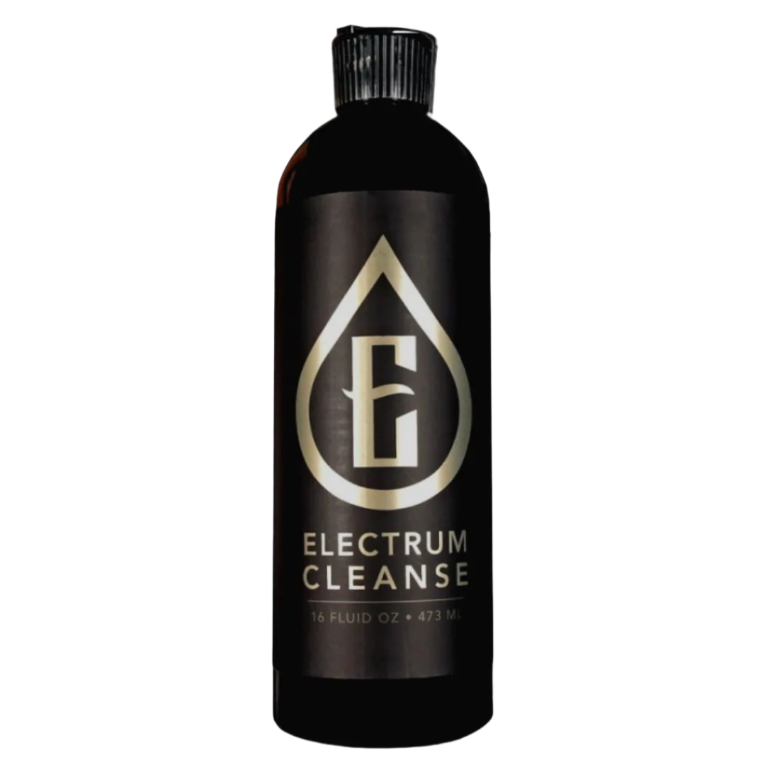 Bottle of Electrum Cleanse Tattoo Cleanser & Rinse Solution with a black and gold label.