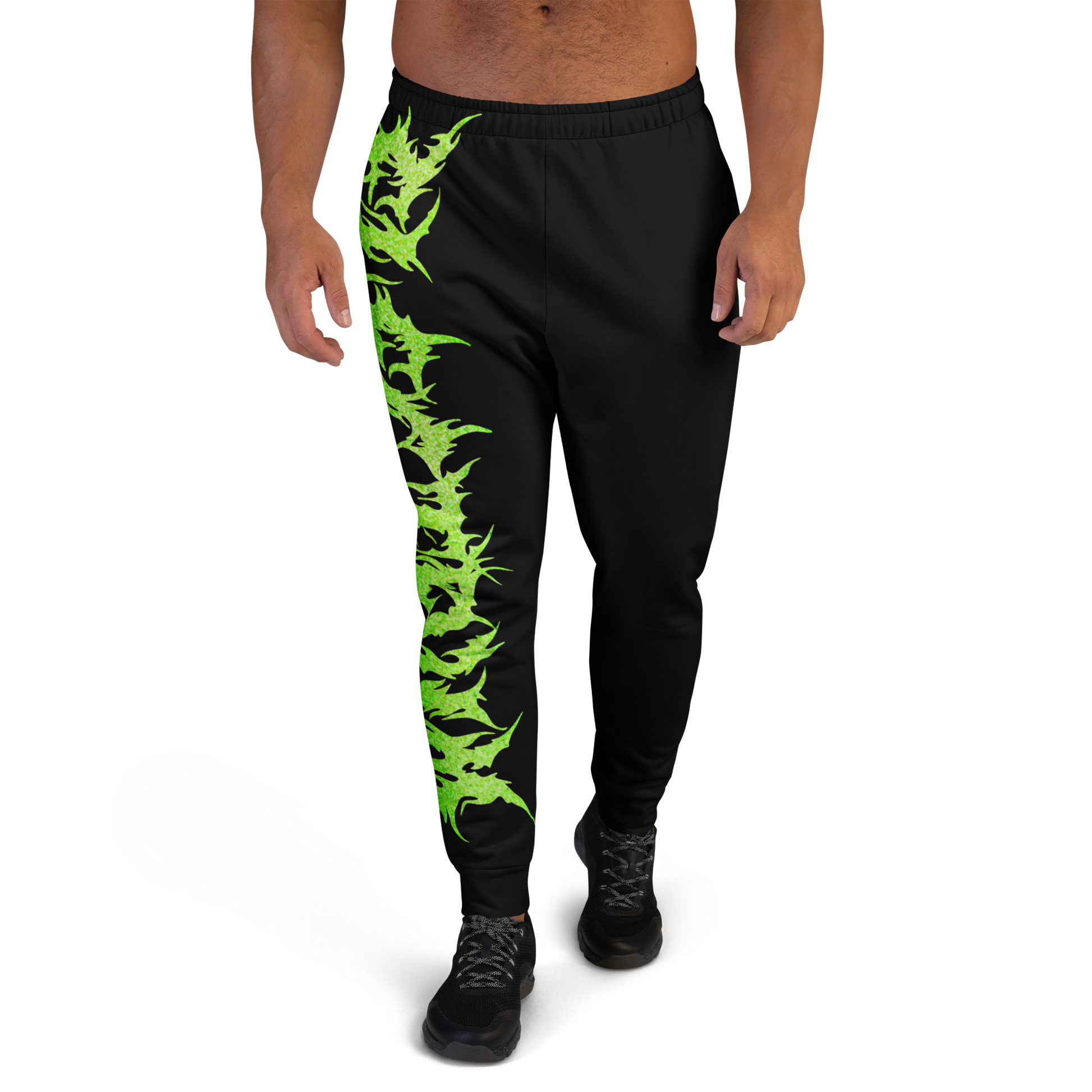 Black jogger pants with green and black pattern oversized green lettering electrum