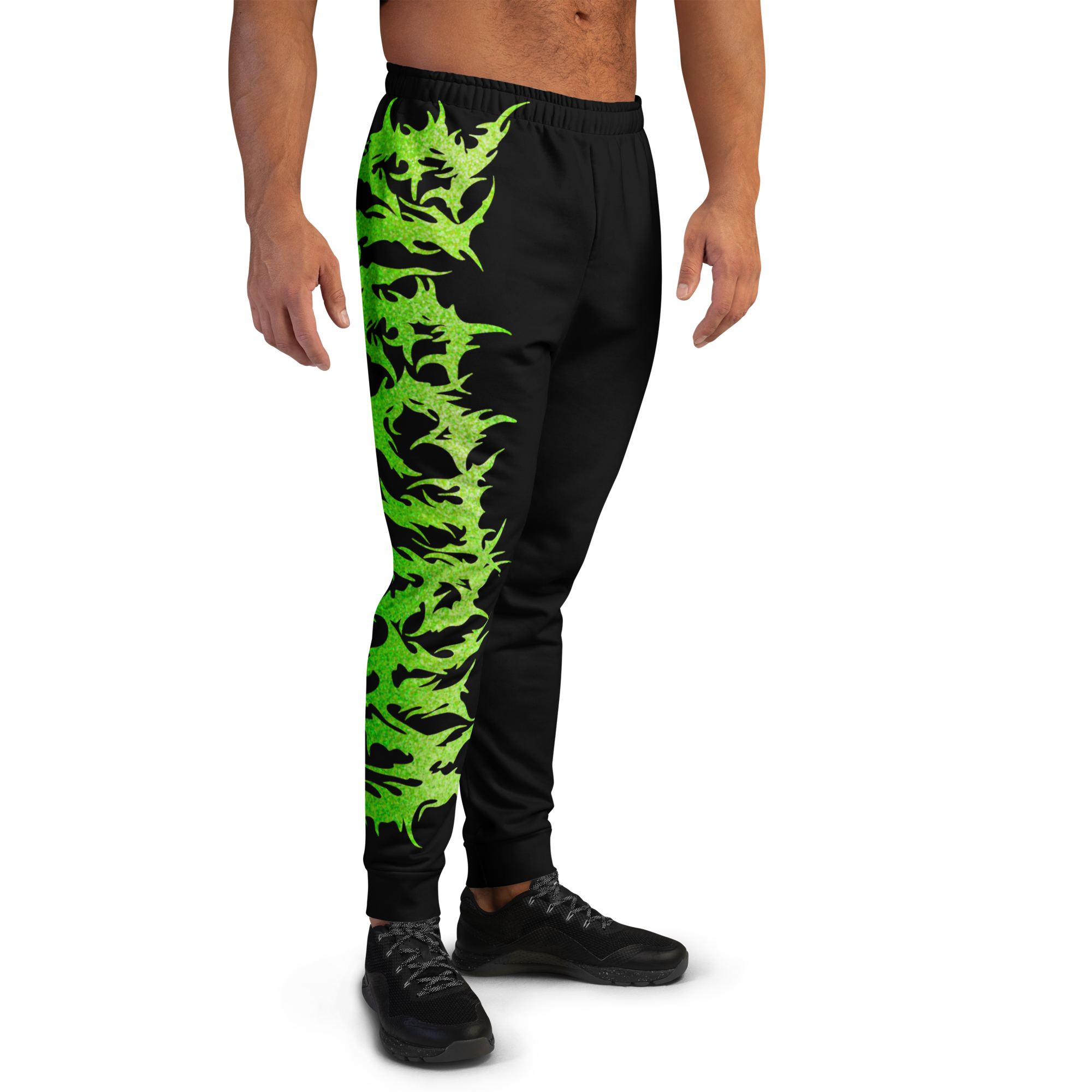 Black jogger pants with green and black pattern oversized green lettering electrum