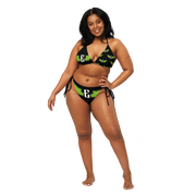 Woman wearing a black and green bikini with the flying e electrum brand logo 