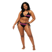 Woman wearing a black and pink bikini with 'Electrum' branding 