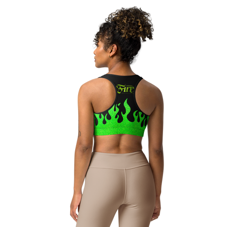 person wearing a black and green sports bra with a fire logo and fire print
back