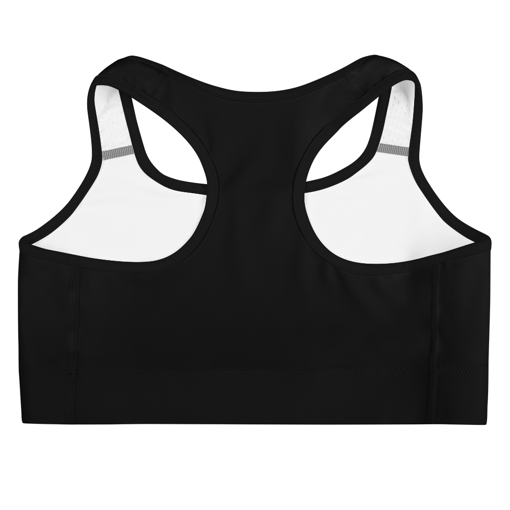 Black sports bra with white mesh panels on a white background
