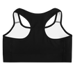Black sports bra with white mesh panels on a white background