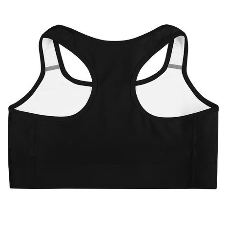 Black sports bra with white mesh panels on a white background