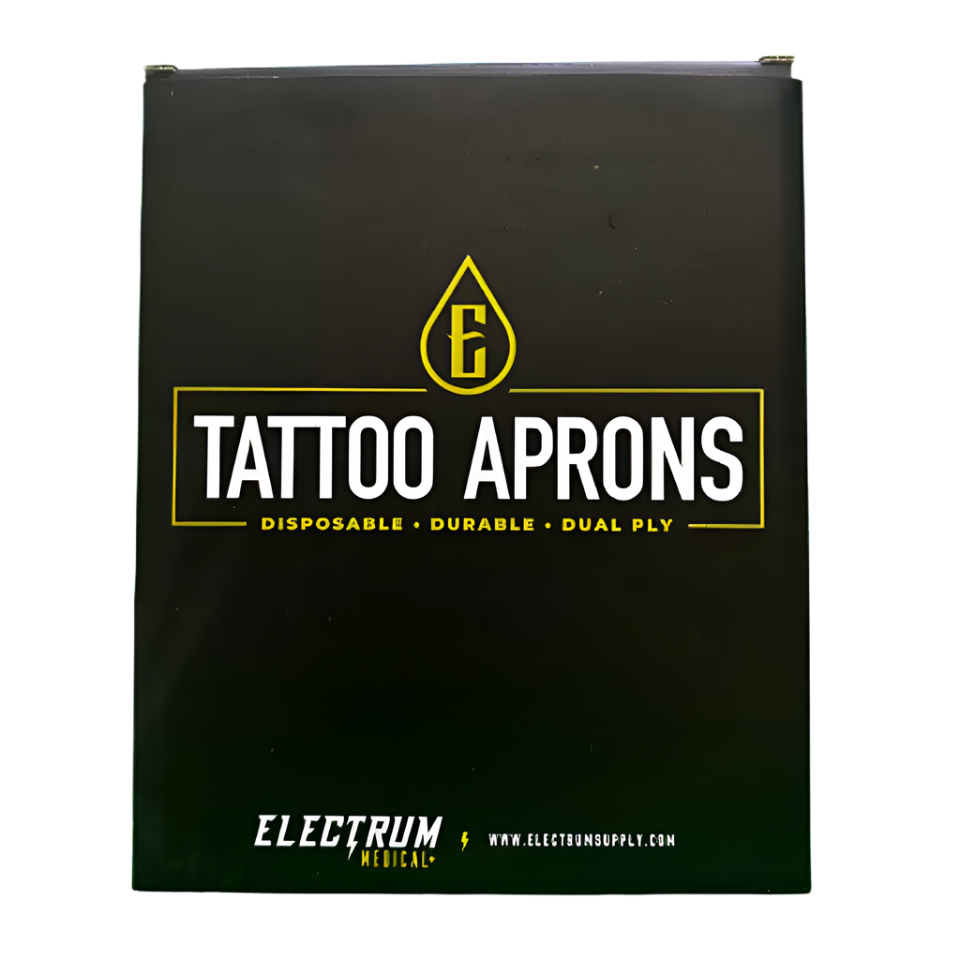 A black box packaging for Electrum disposable tattoo aprons with the brand logo and product information printed on the front.