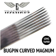 Long taper BugPin curved Magnum tattooing needles used to cover large areas. 