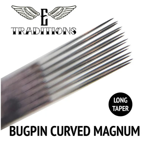 Long taper BugPin curved Magnum tattooing needles used to cover large areas. 