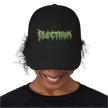 black dad hat cap with green embroidery saying electrum in a metal font