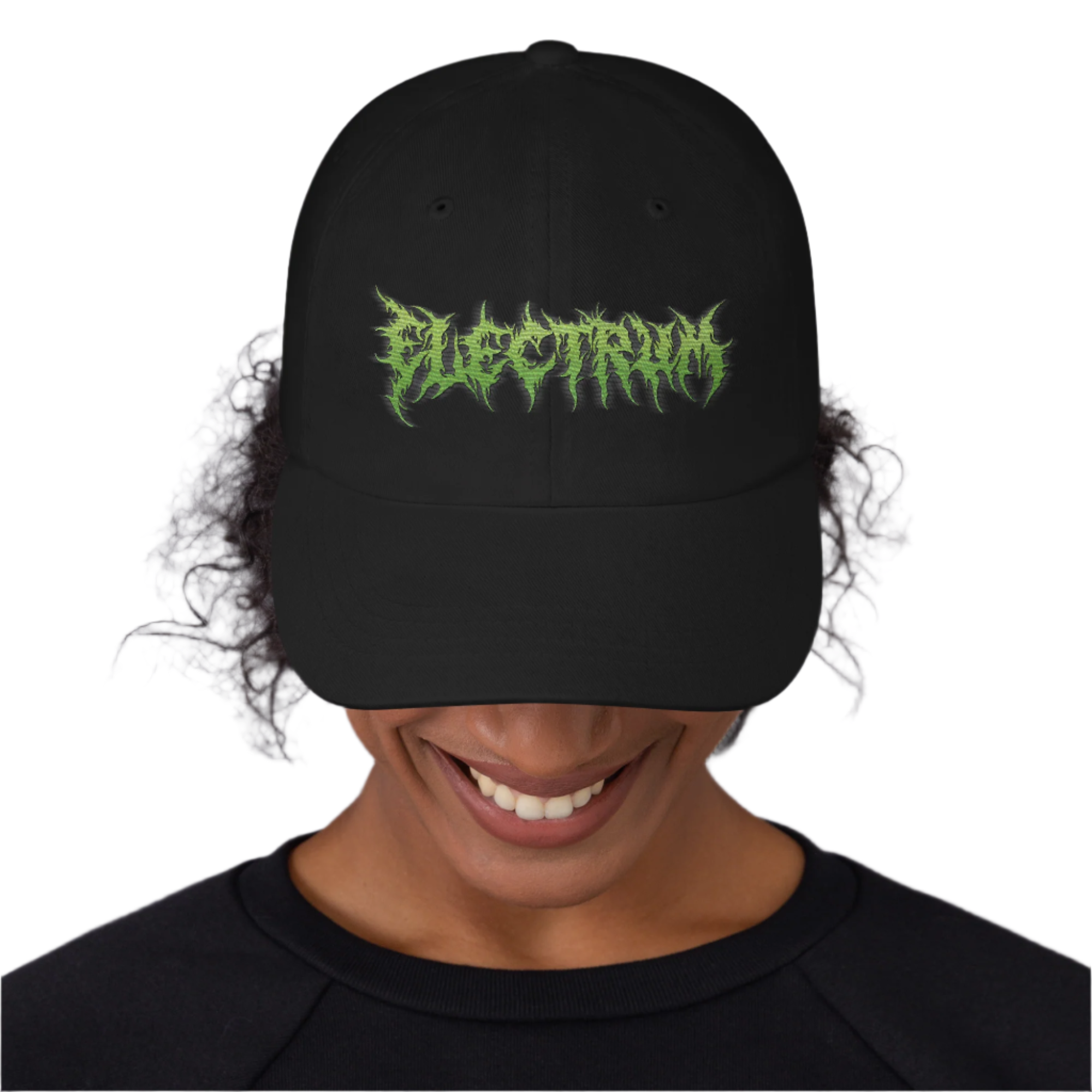 black dad hat cap with green embroidery saying electrum in a metal font
