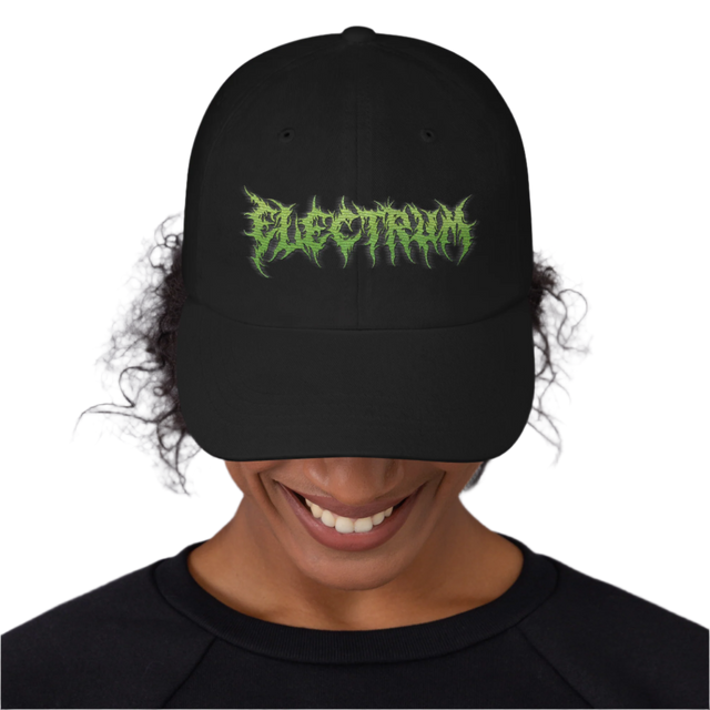 black dad hat cap with green embroidery saying electrum in a metal font